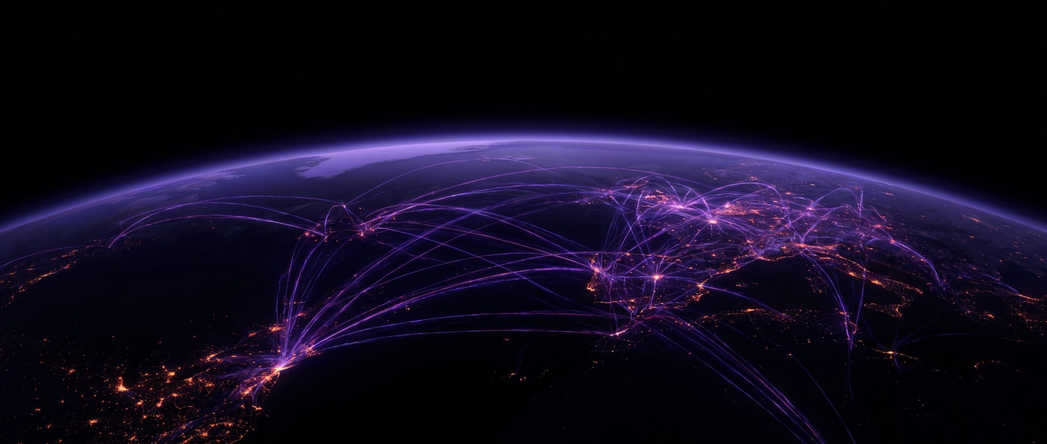 Illustration of a planet wrapped in violet network arcs